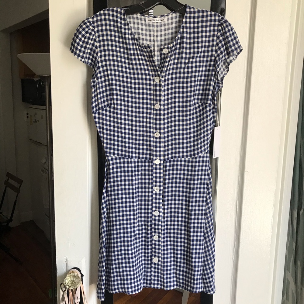 Reformation Vikki dress blue and white check 4 - Picture 10 of 12